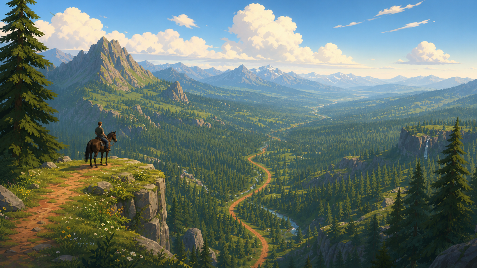 Stylized Long Ride placeholder art showing a huge forest valley with a long winding road.
